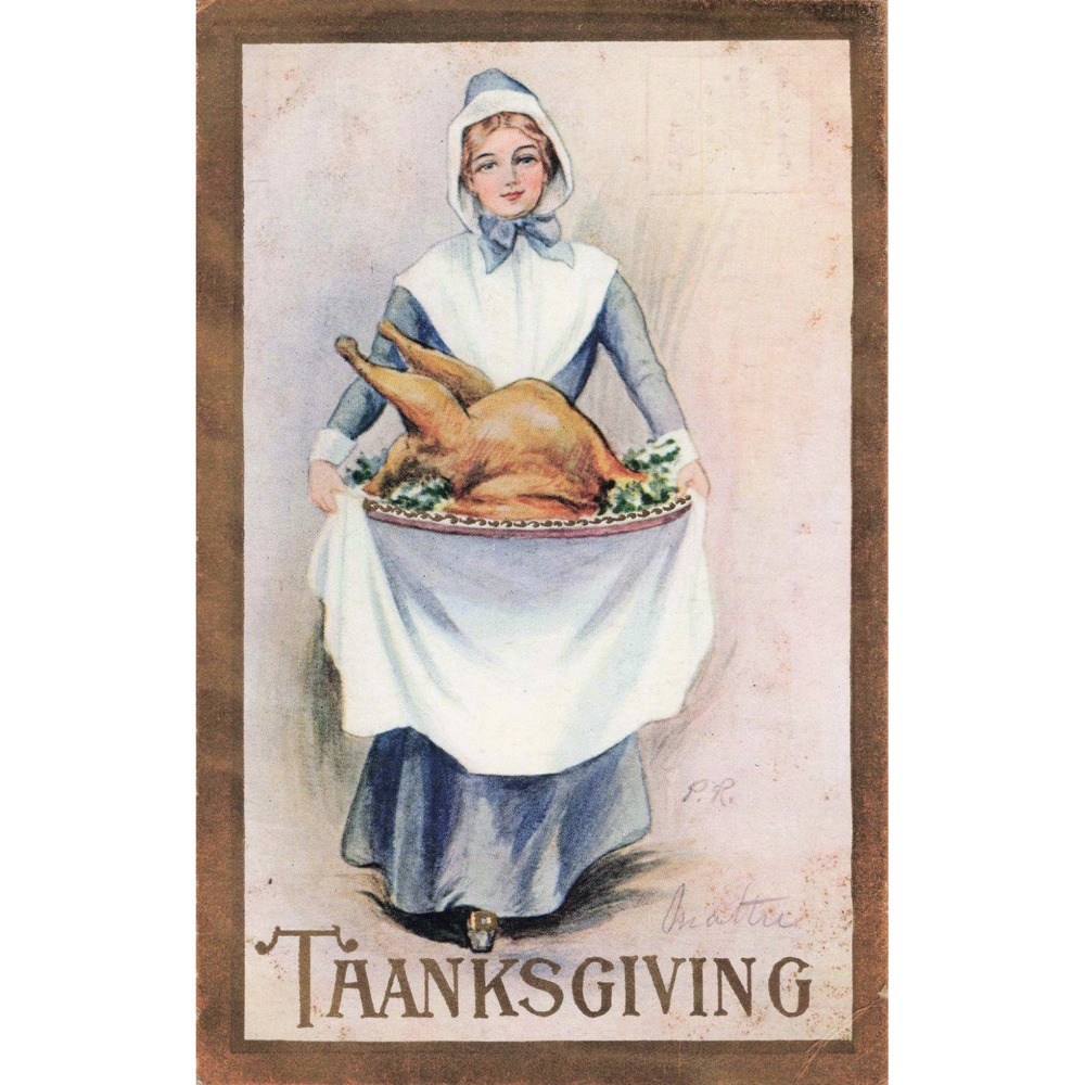 Antique Thanksgiving Postcard Pilgrim Woman Roasted Turkey Illustration VG - Picture 1 of 2